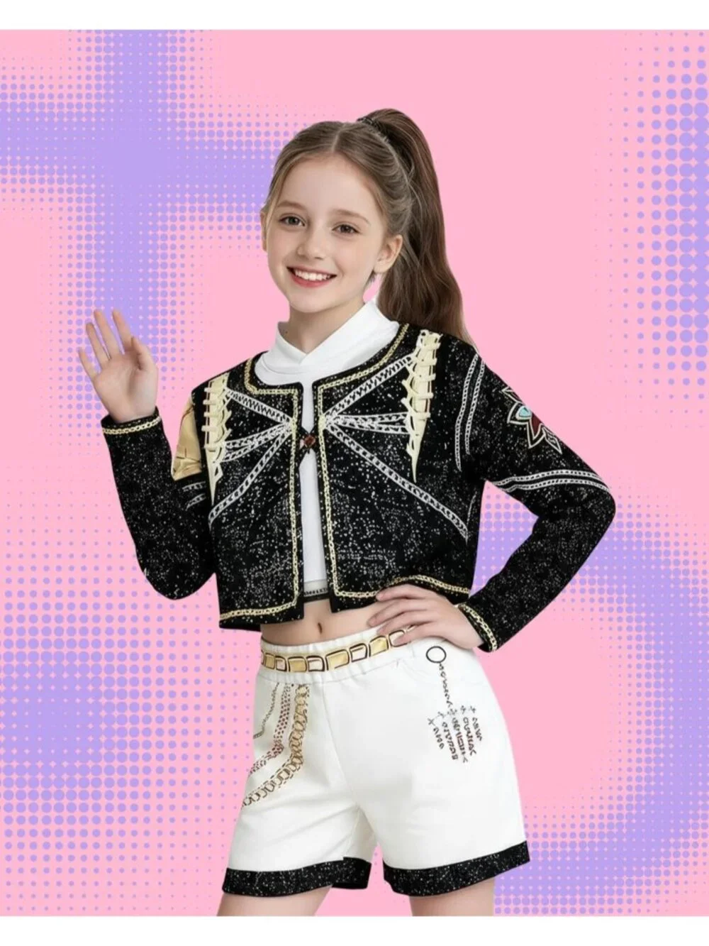 KPOP Singer Cosplay Girls Costume Black Printed Jacket, Shirt, Shorts 7-8 YEARS